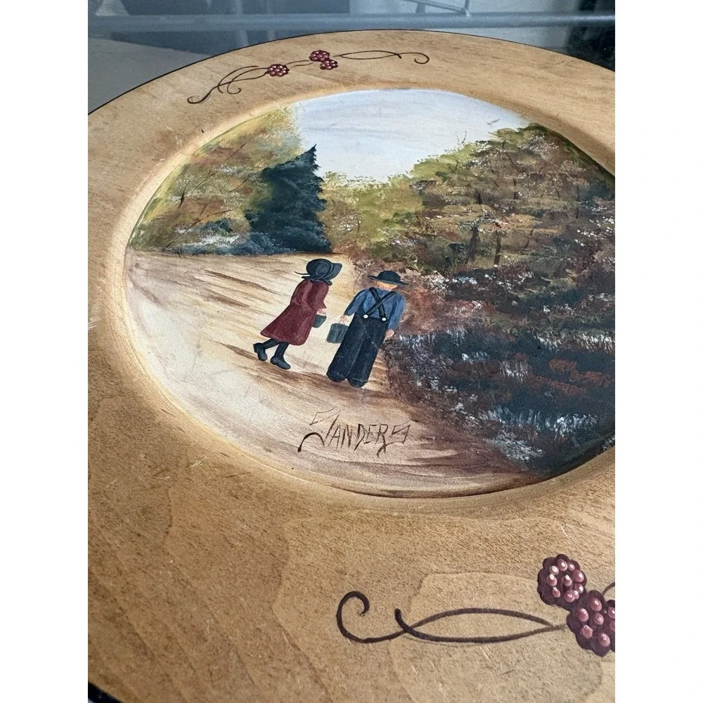 VTG Hand Painted Wooden Plate Amish Children Autumn Fall Scene Signed Sanders 94